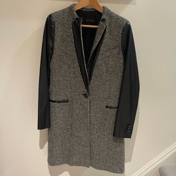 Zara Basic Wool Coat Houndtooth Tweed Faux Leather Sleeves - Picture 1 of 7